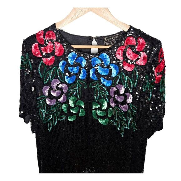 ROYAL FEELINGS Vtg Silk Sequin Evening Blouse Top Jewel Tone Floral Large Unique - Picture 9 of 11